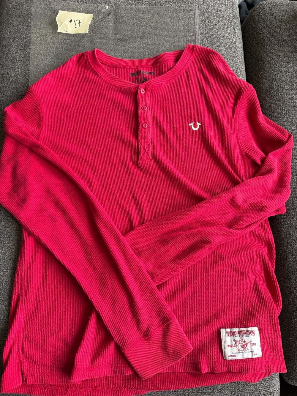 True Religion Logo Long Sleeve Ribbed Henley Thermal Shirt